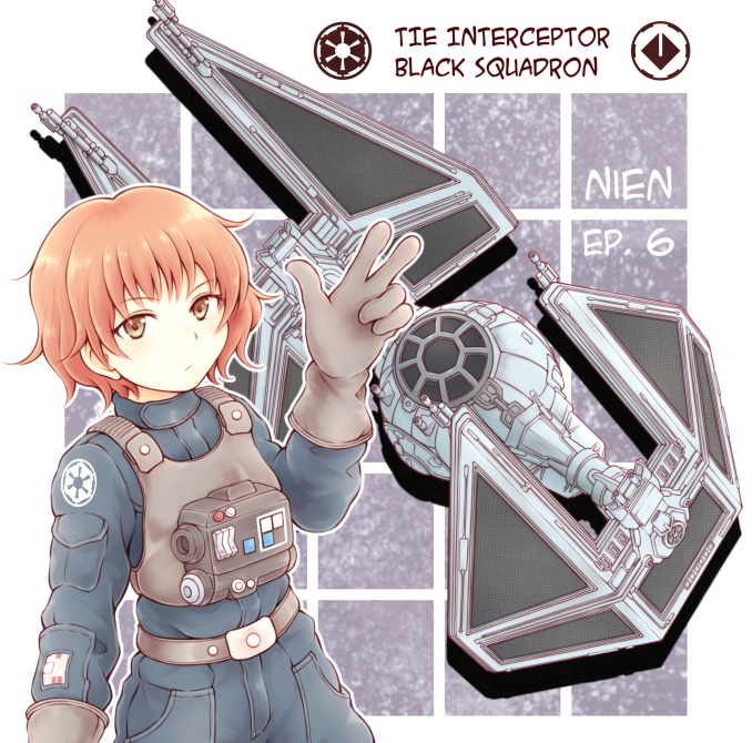 1girl, brown_eyes, expressionless, eyebrows_behind_hair, galactic_empire, gloves, grey_gloves, looking_at_viewer