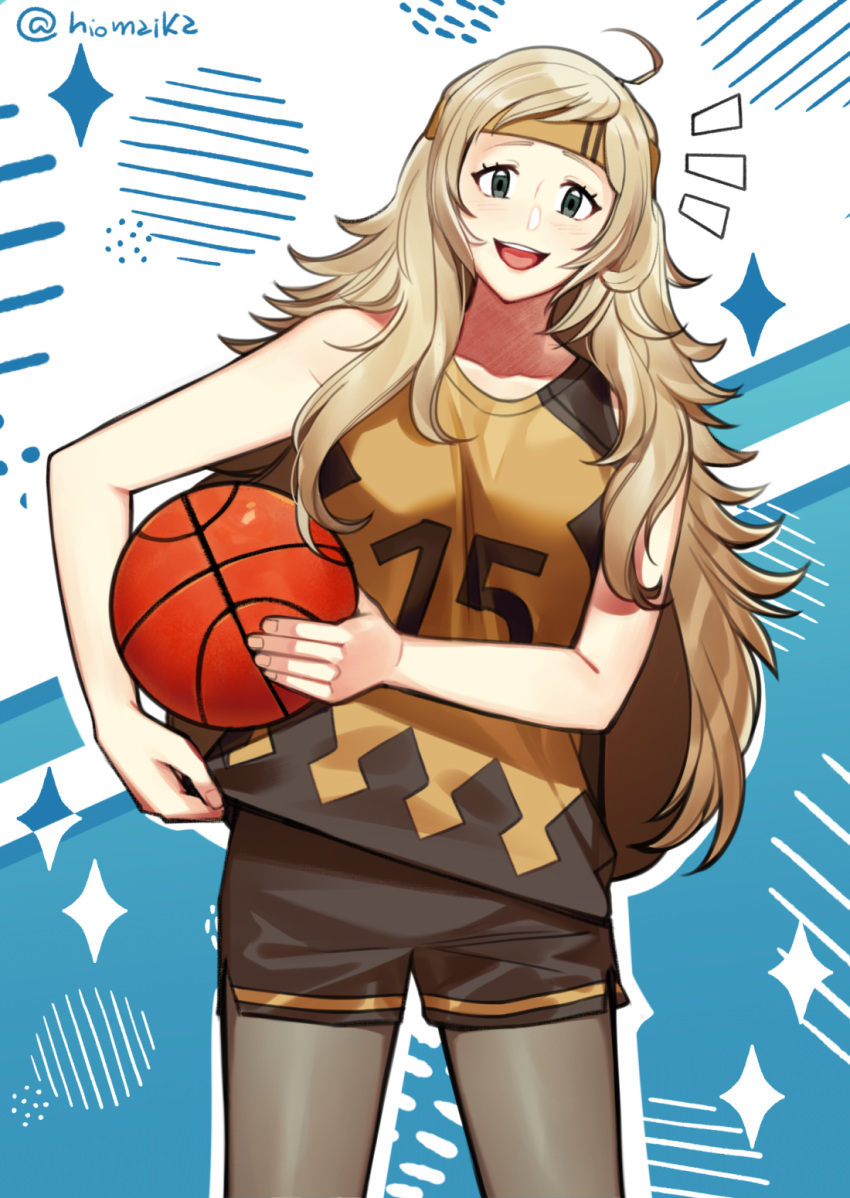 1girl, ahoge, bare_shoulders, basketball, basketball_uniform, blonde_hair, commission, fire_emblem