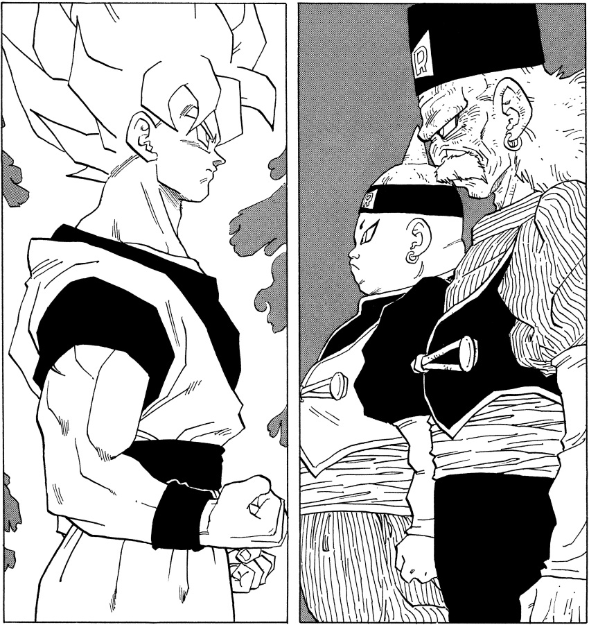 3boys, absurdres, android_19, arms_at_sides, aura, biceps, black_headwear, black_pants