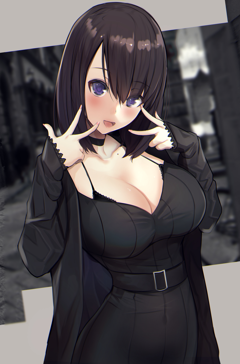 1girl, bangs, belt, black_bra, black_dress, black_hair, black_jacket, blush, bob_cut, bra, breasts, choker, cleavage, collarbone, commentary_request, covered_navel, dress, eyebrows_visible_through_hair, fingernails, highres, jacket, lace, lace_bra, large_breasts, looking_at_viewer, mole, mole_on_neck, open_mouth, original, ribbed_dress, short_hair, solo, tongue, underwear, untue, violet_eyes