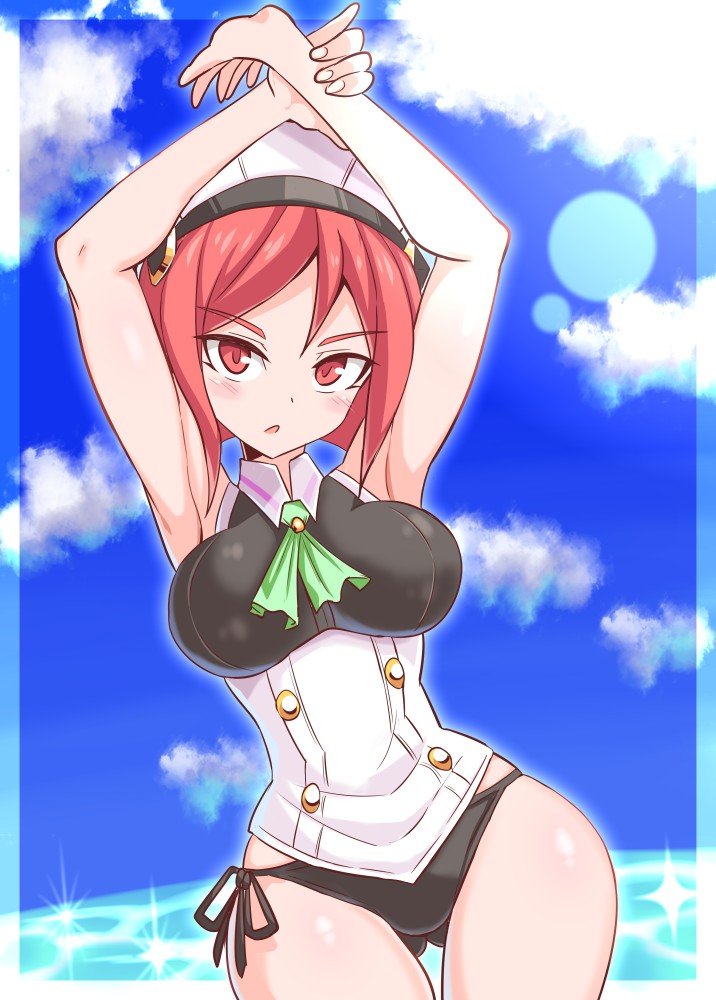 1girl, arms_up, azure_striker_gunvolt, azure_striker_gunvolt_2, breasts, cougar_(cougar1404), eyebrows_visible_through_hair, green_neckwear