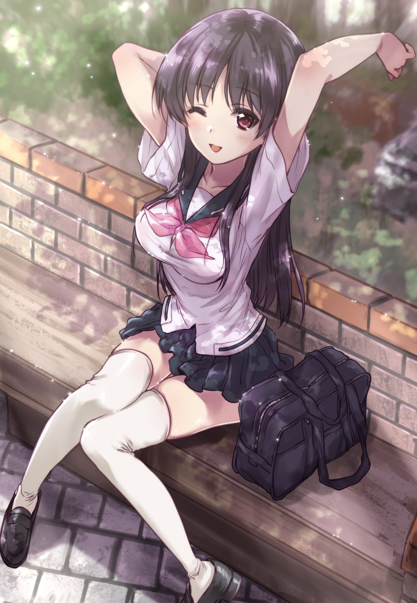 1girl, arms_up, bag, bangs, bench, black_footwear, black_hair, black_sailor_collar