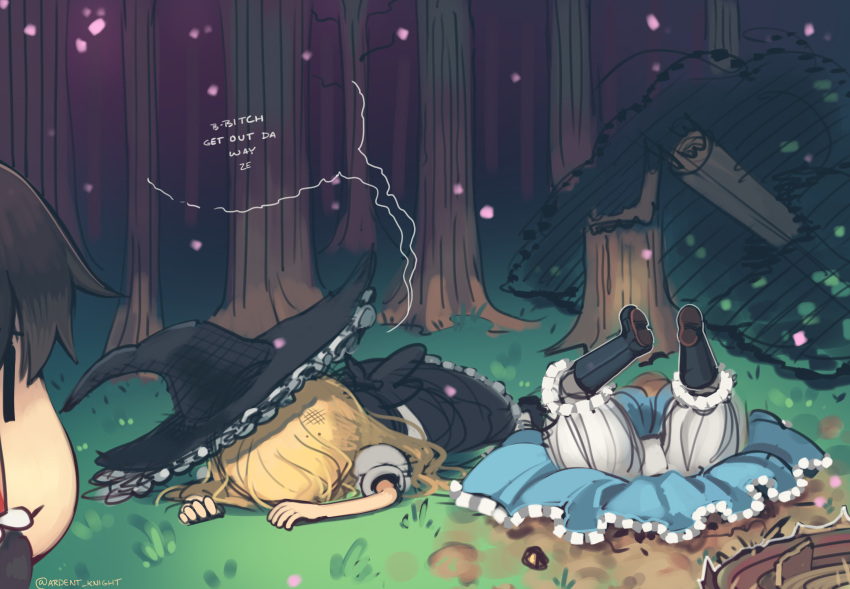 3girls, alice_margatroid, black_legwear, blonde_hair, bloomers, boa_(brianoa), boots, brown_hair, defeat, english_text, forest, hair_tubes, hakurei_reimu, hat, highres, imperishable_night, kirisame_marisa, knee_boots, multiple_girls, nature, profanity, source_quote_parody, speech_bubble, split_tree, touhou, tree, underwear, witch, witch_hat