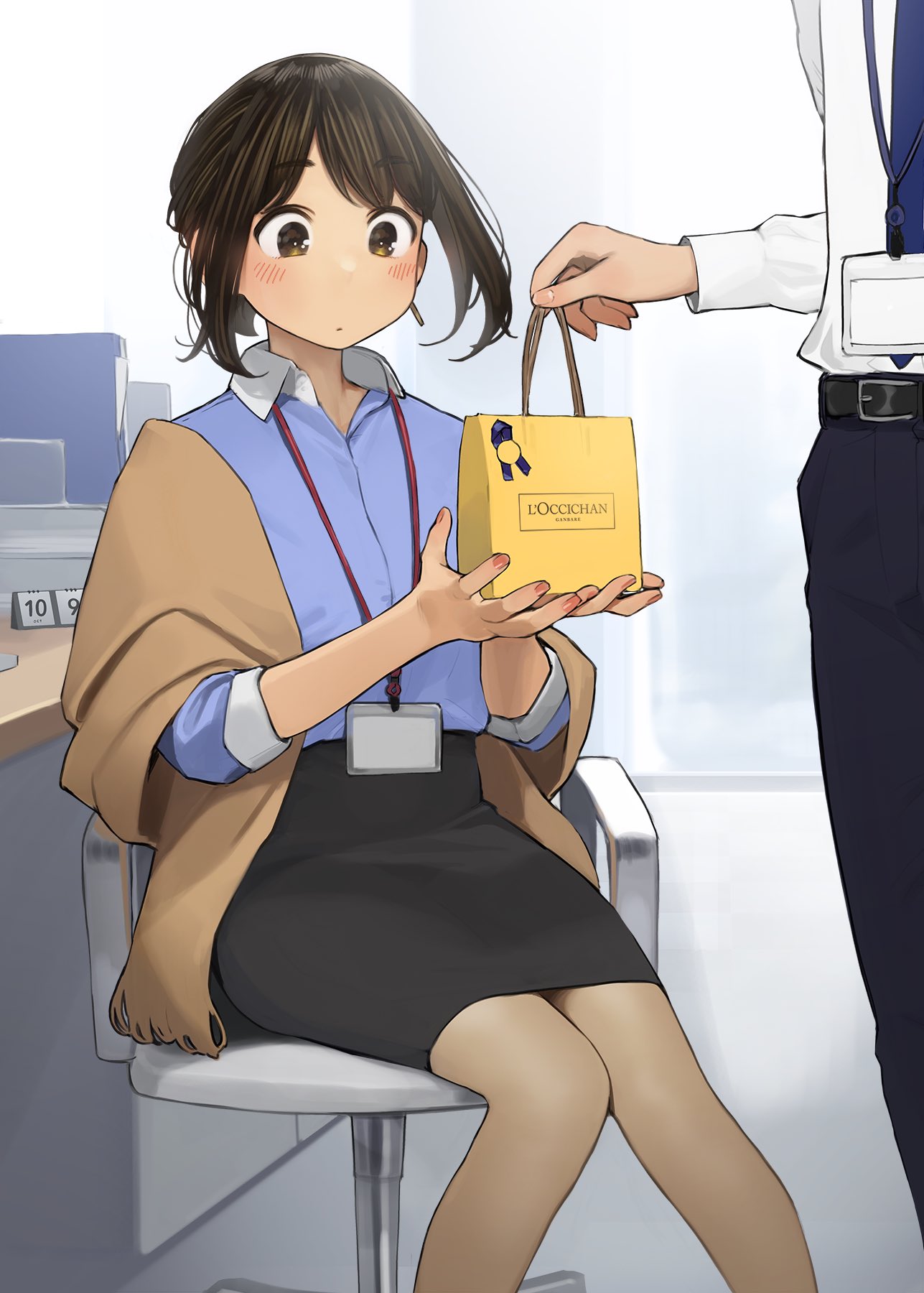 1boy, 1girl, bag, bangs, belt, blue_pants, blue_shirt, blush, brown_eyes, brown_hair, chair, commentary_request, douki-chan_(yomu_(sgt_epper)), eyebrows_visible_through_hair, ganbare_douki-chan, gift, highres, id_card, looking_at_another, necktie, office_lady, pants, pencil_skirt, senpai_(yomu_(sgt_epper)), shirt, short_hair, sidelocks, sitting, skirt, white_shirt, yomu_(sgt_epper)