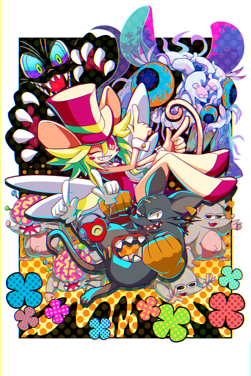 ;d, absurdres, black_fear_(mad_rat_dead), blonde_hair, blush_stickers, character_request, claws, closed_eyes, commentary_request, fangs, grin, hakuginnosora, hat, heart, highres, long_hair, mad_rat_(mad_rat_dead), mad_rat_dead, mob_rat_(mad_rat_dead), no_humans, one_eye_closed, open_mouth, polka_dot, rat_god_(mad_rat_dead), sharp_teeth, sleeping, smile, standing, teeth, top_hat