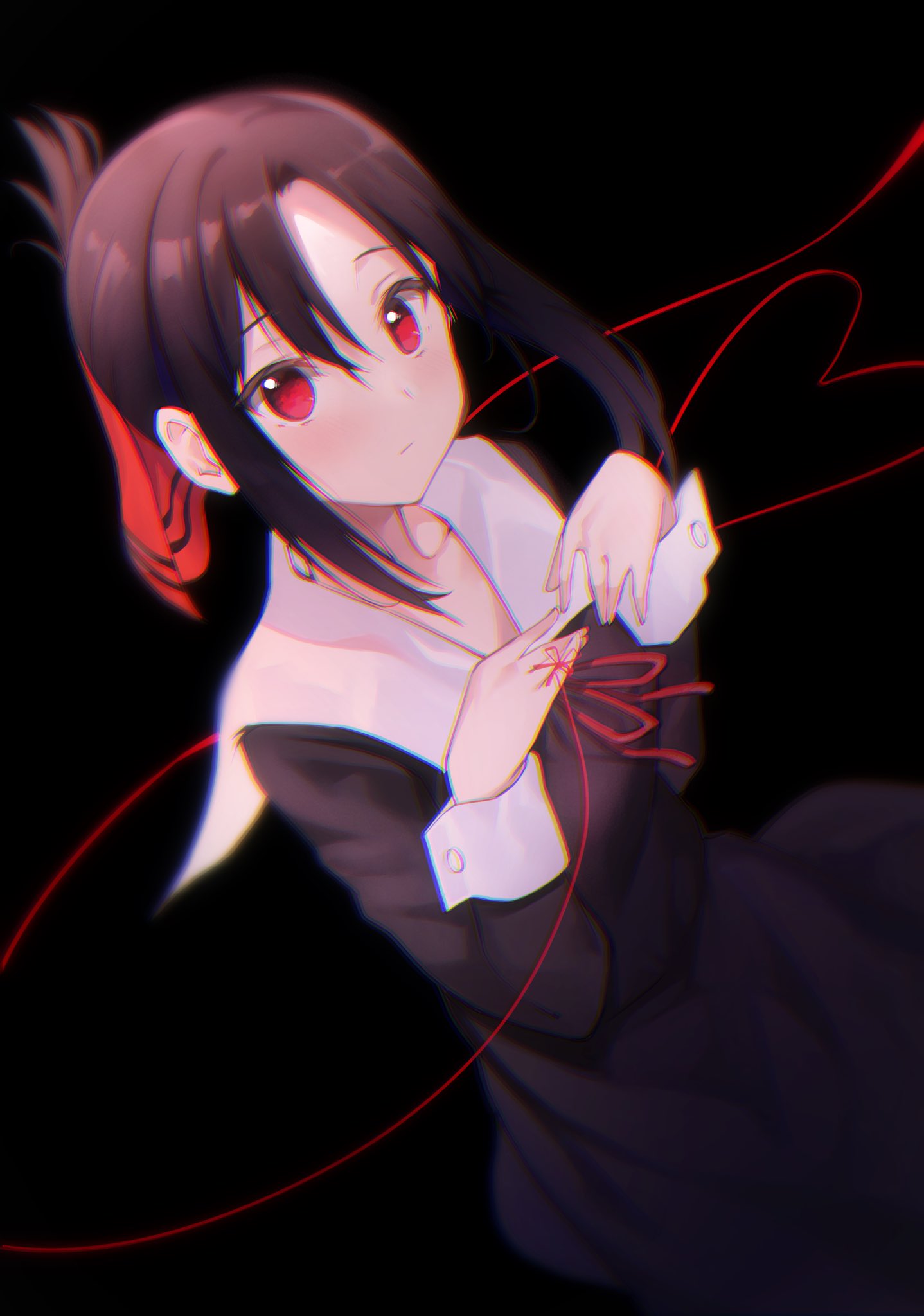 1girl, bangs, black_background, black_dress, black_hair, chromatic_aberration, collar, commentary
