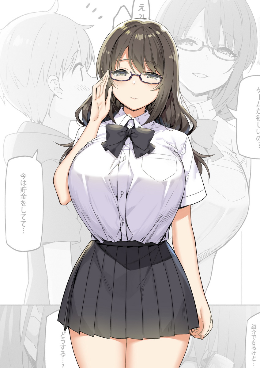 1boy, 1girl, adjusting_eyewear, blush, bow, bowtie, breast_pocket, breasts