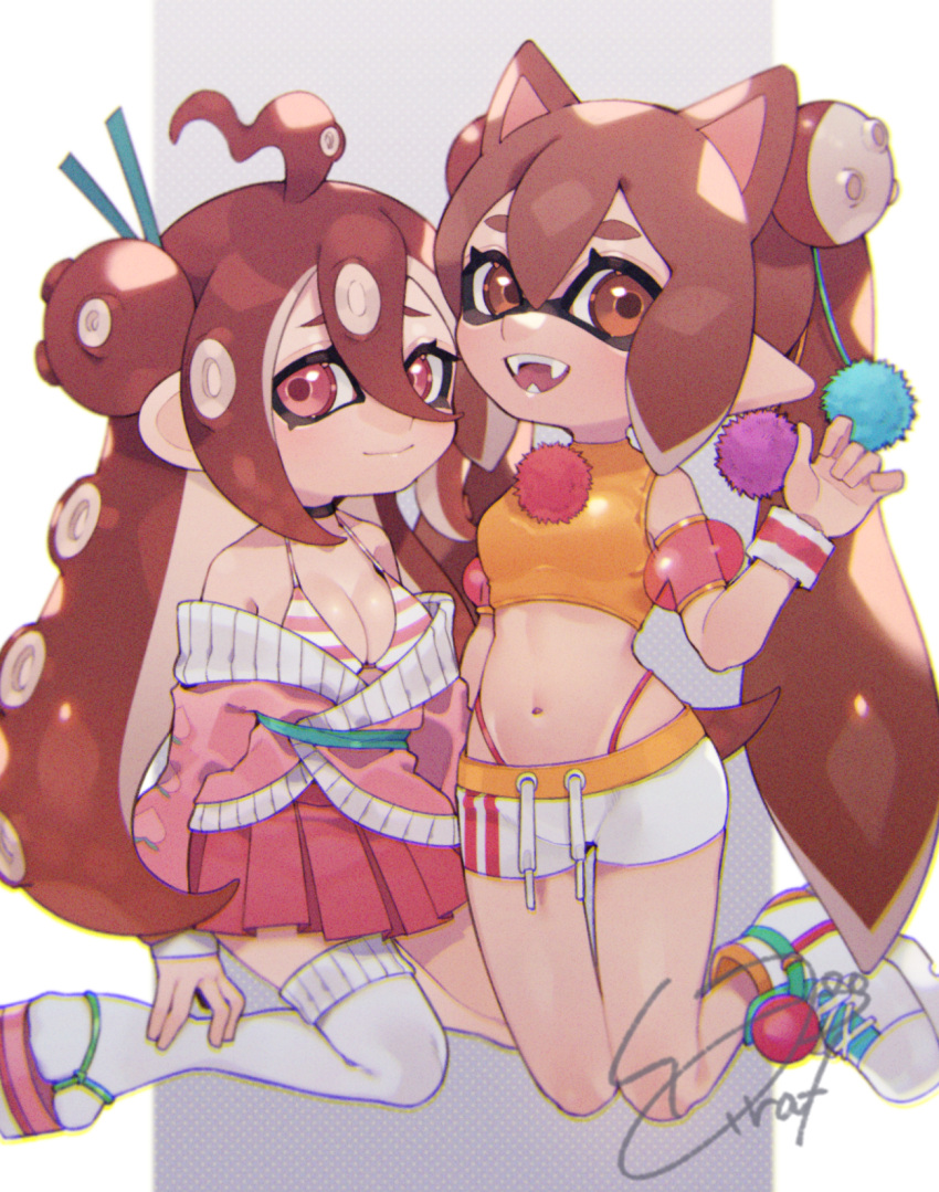 2girls, animal_ears, aqua_sash, artist_name, bangs, bra, brown_eyes, brown_hair