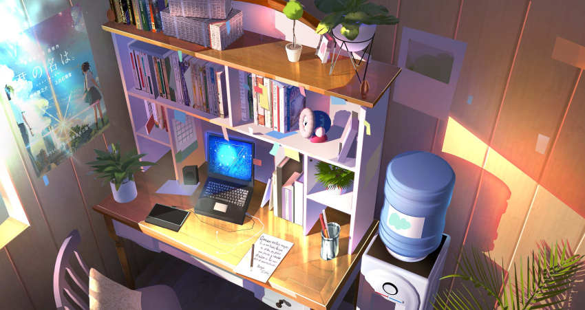 basket, book, bookshelf, chair, computer, desk, figure, from_above, headphones, highres, ice_climber, indoors, kimi_no_na_wa., kirby, kirby_(series), laptop, miyamizu_mitsuha, no_humans, note, original, paper, pencil, plant, popo_(ice_climber), poster_(object), potted_plant, scenery, shadow, spanish_text, speaker, sticky_note, tachibana_taki, water_cooler, window, xingzhi_lv