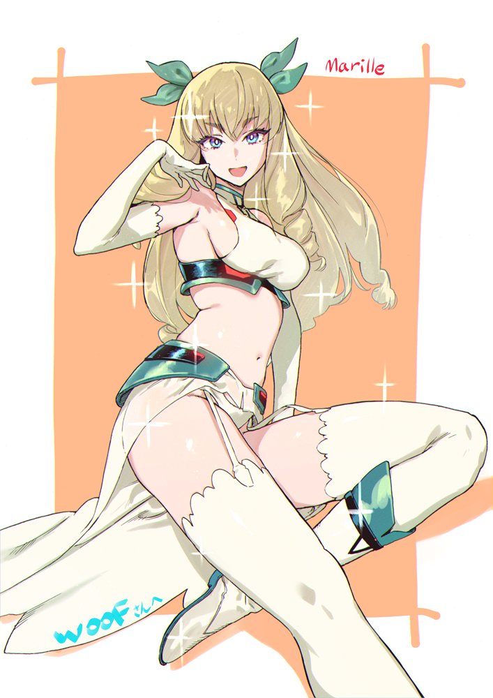 1girl, bangs, blonde_hair, blue_eyes, boots, border, borrowed_character, breasts