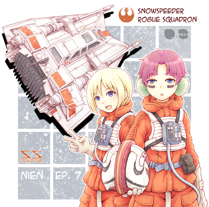 2girls, :o, bangs, beige_gloves, blonde_hair, earmuffs, helmet, holding