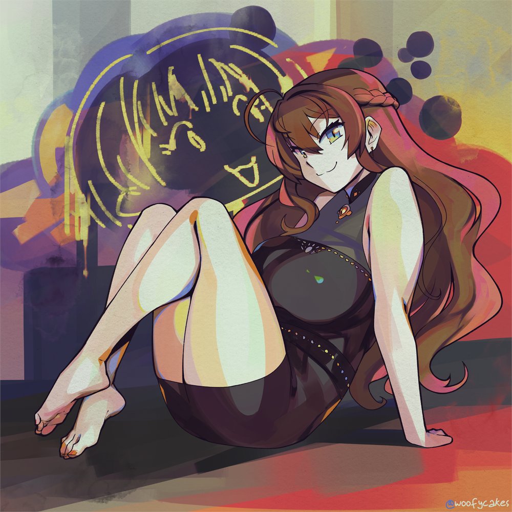 1girl, :3, ahoge, bare_legs, barefoot, belt, black_dress, blue_eyes, braid, breasts, brown_hair, crossed_ankles, crown_braid, dress, earrings, english_commentary, full_body, hair_between_eyes, ichinose_shiki, idolmaster, idolmaster_cinderella_girls, jewelry, large_breasts, legs_up, long_hair, looking_at_viewer, naughty_face, on_ground, short_dress, sitting, sleeveless, sleeveless_dress, soles, solo, thick_thighs, thighs, toenails, toes, wavy_hair, woofycakes