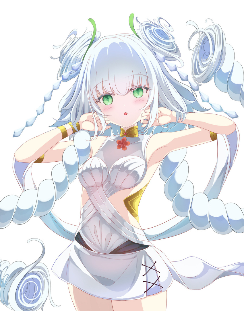1girl, armpits, bangs, bare_shoulders, blush, braid, breasts, collarbone