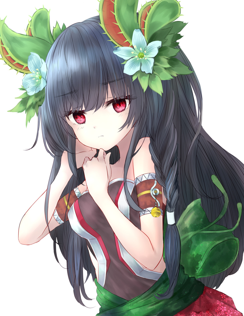 1girl, absurdres, bangs, bare_shoulders, black_hair, braid, breasts, closed_mouth, duel_monster, flower, frown, hair_flower, hair_ornament, highres, lazupeace, long_hair, looking_at_viewer, medium_breasts, plant, red_eyes, simple_background, solo, traptrix_dionaea, twintails, upper_body, venus_flytrap, white_background, yu-gi-oh!