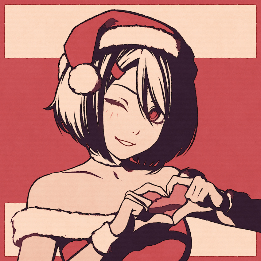 1girl, bare_shoulders, black_hair, bob_cut, christmas, collarbone, commentary, detached_collar