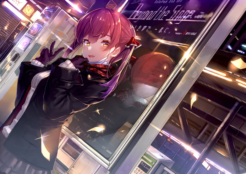 1girl, akasaai, black_gloves, black_jacket, breasts, clock, commentary_request, gloves