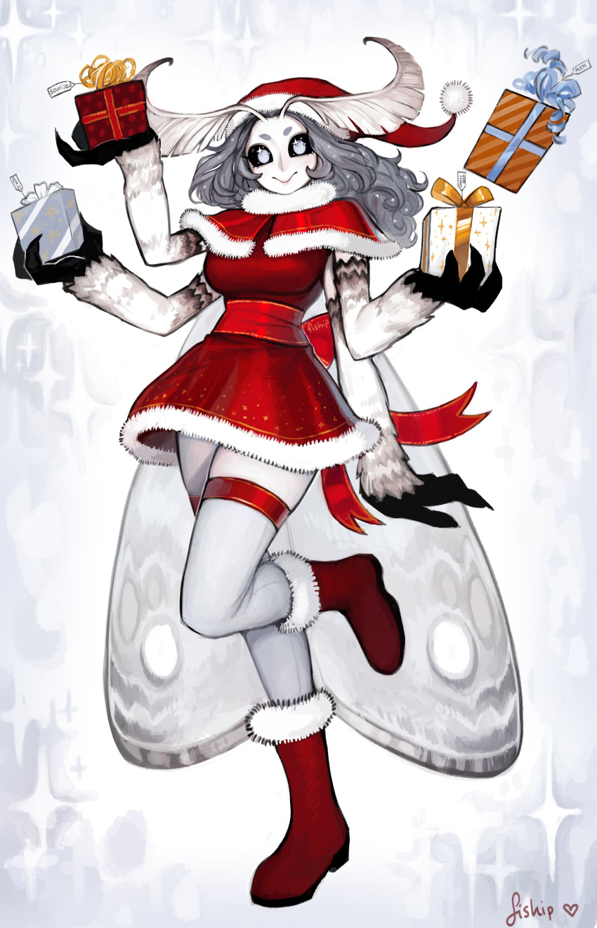 1girl, absurdres, antennae, black_sclera, boots, bow, box, breasts