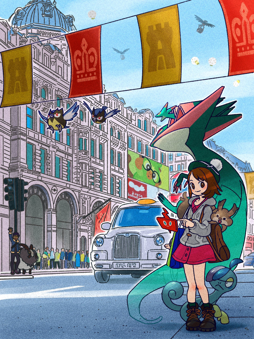 1boy, 1girl, arm_up, backpack, bag, black_pants, black_shirt, blue_jacket
