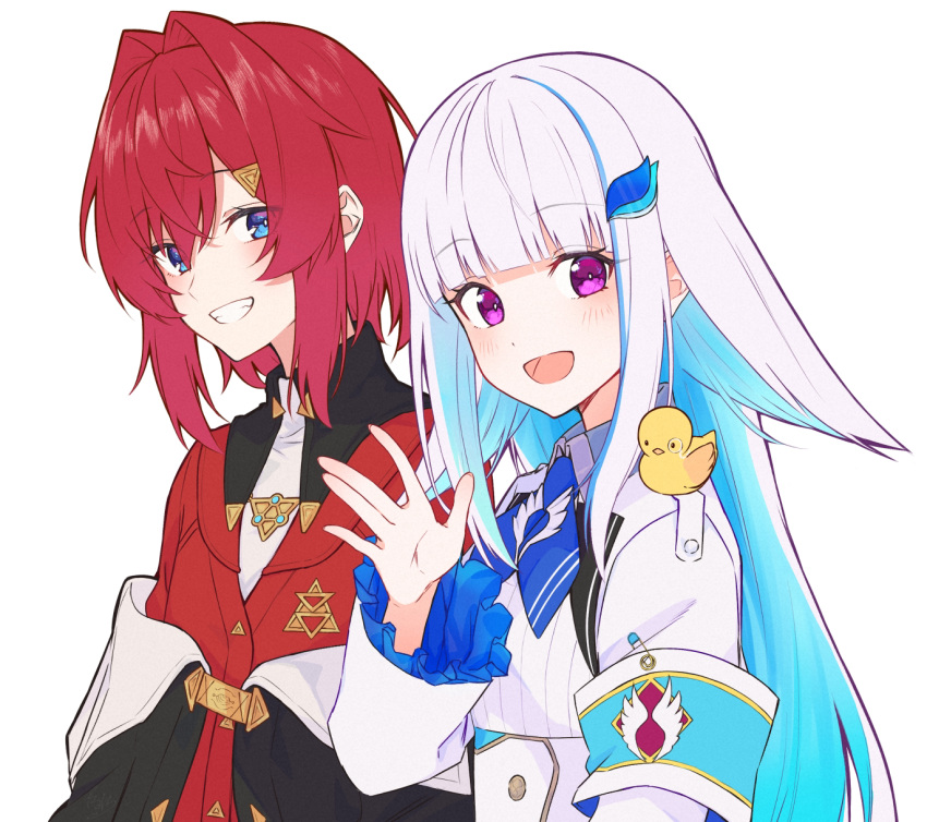 2girls, :d, ange_katrina, animal_on_shoulder, armband, bangs, bird, bird_on_shoulder