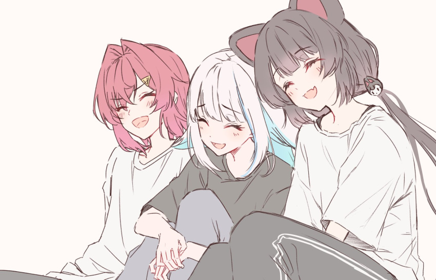 3girls, alternate_costume, ange_katrina, animal_ears, black_hair, black_pants, black_shirt, blue_pants, blush, breasts, casual, closed_eyes, colored_inner_hair, dog_ears, dog_hair_ornament, eyebrows_visible_through_hair, fang, hair_between_eyes, hair_flaps, hair_ornament, hairclip, highres, inui_toko, knees_to_chest, laughing, leg_hug, light_blue_hair, lize_helesta, long_hair, multicolored_hair, multiple_girls, nijisanji, open_mouth, pants, redhead, shirt, short_hair, side-by-side, silver_hair, simple_background, sitting, skin_fang, small_breasts, smile, striped, sweatpants, t-shirt, talunilu_uu3, twintails, two-tone_hair, vertical_stripes, virtual_youtuber, white_background, white_shirt
