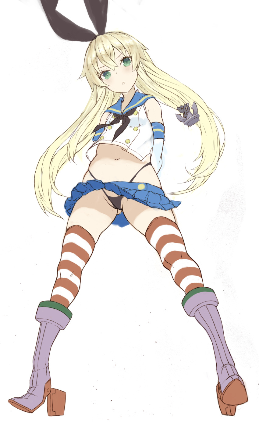 1girl, absurdres, anchor, anchor_hair_ornament, arms_behind_back, bare_shoulders, black_hairband, black_panties, blonde_hair, boots, crop_top, elbow_gloves, from_below, gloves, green_eyes, hair_ornament, hairband, highleg, highleg_panties, highres, kantai_collection, long_hair, microskirt, miniskirt, navel, open_mouth, panties, ryo_(tg290), sailor_collar, school_uniform, serafuku, shimakaze_(kantai_collection), skirt, solo, spread_legs, striped, striped_legwear, thigh-highs, thong, underwear, white_gloves