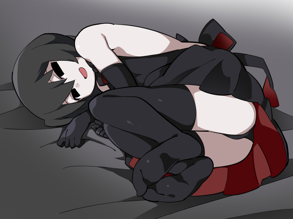 1girl, :d, ass, backless_dress, backless_outfit, bangs, bare_shoulders, bed_sheet, black_bow, black_dress, black_eyes, black_gloves, black_hair, black_legwear, black_panties, bob_cut, bow, commentary, curled_up, dress, elbow_gloves, empty_eyes, feet, full_body, gloves, gradient, gradient_background, grey_background, hair_between_eyes, hammer_(sunset_beach), looking_at_viewer, lying, monogatari_(series), on_bed, on_side, open_mouth, oshino_ougi, owarimonogatari, pale_skin, panties, pantyshot, sheet_grab, short_hair, smile, solo, thigh-highs, two-sided_fabric, underwear, upskirt