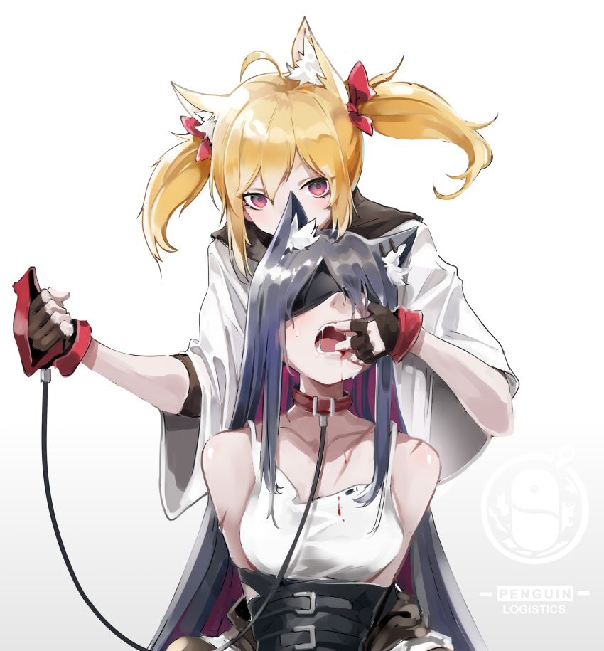 2girls, absurdres, animal_ear_fluff, animal_ears, arknights, bangs, battery_indicator, bdsm