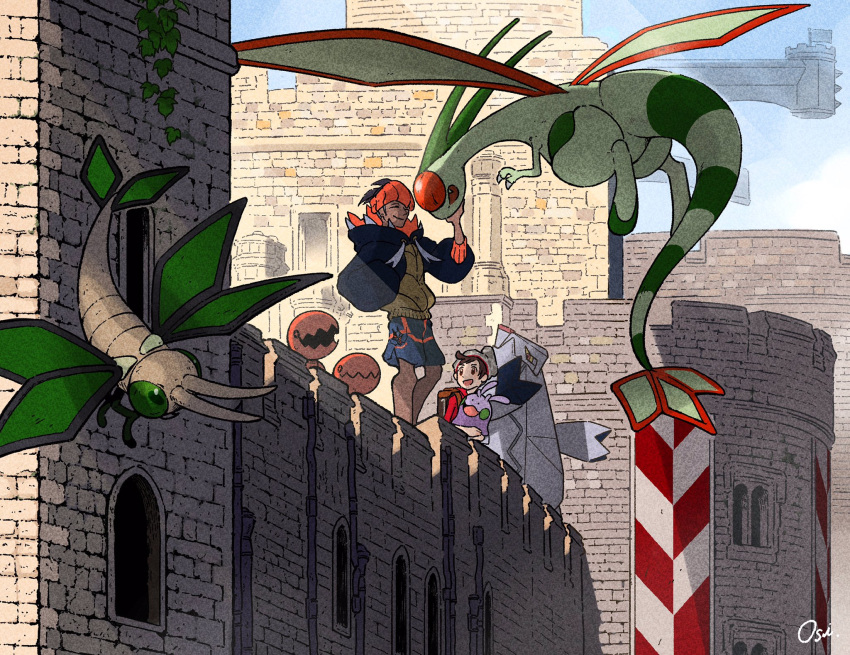 2boys, bangs, battlement, beanie, black_hoodie, brown_eyes, brown_hair, closed_eyes
