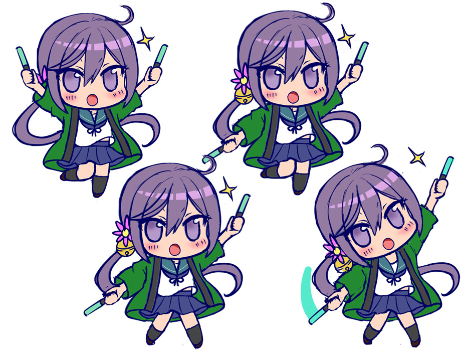 1girl, akebono_(kantai_collection), bell, black_legwear, blue_sailor_collar, blue_skirt, chibi, commentary_request