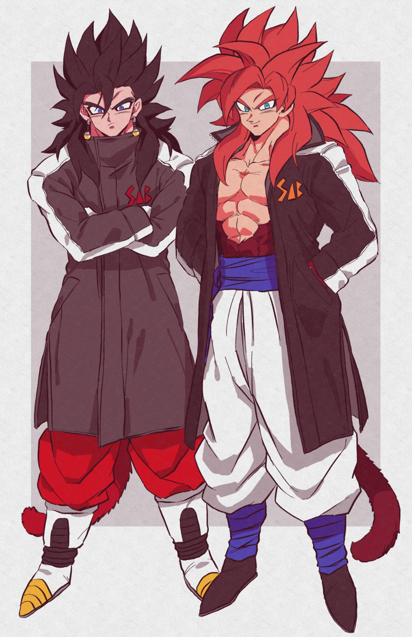 2boys, bare_pecs, biceps, black_legwear, coat, crossed_arms, dragon_ball, dragon_ball_gt