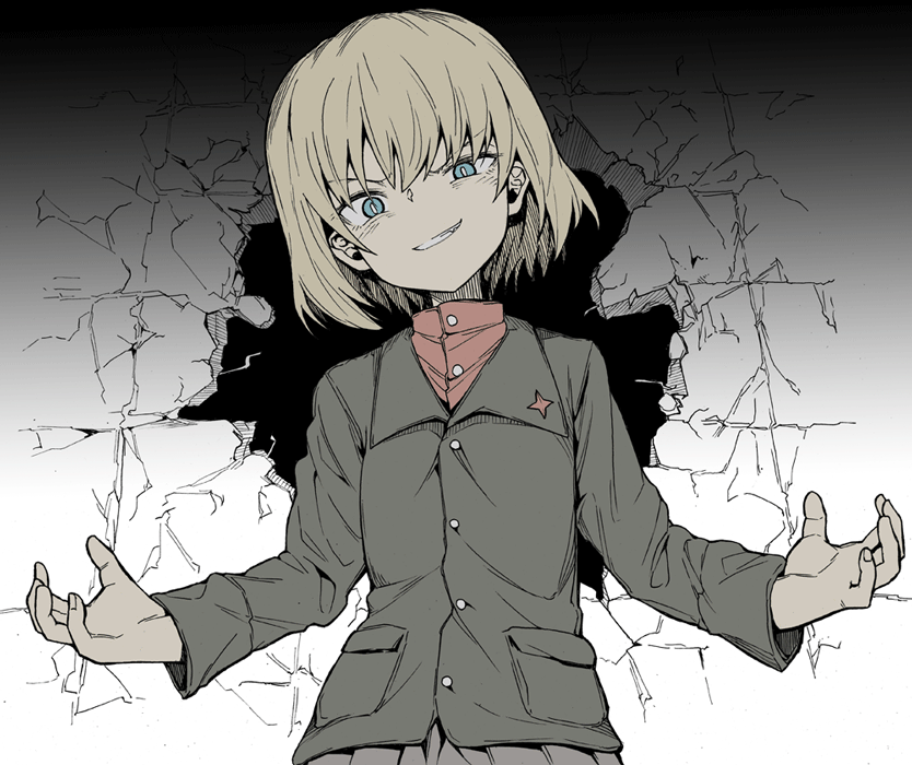 1girl, aokaze_(mimi_no_uchi), bangs, black_skirt, blonde_hair, blue_eyes, evil_grin, evil_smile