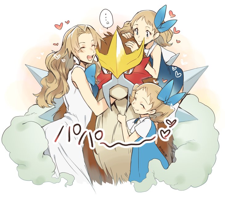 ..., 3girls, bangs, blue_ribbon, blush, closed_eyes, closed_mouth, commentary_request