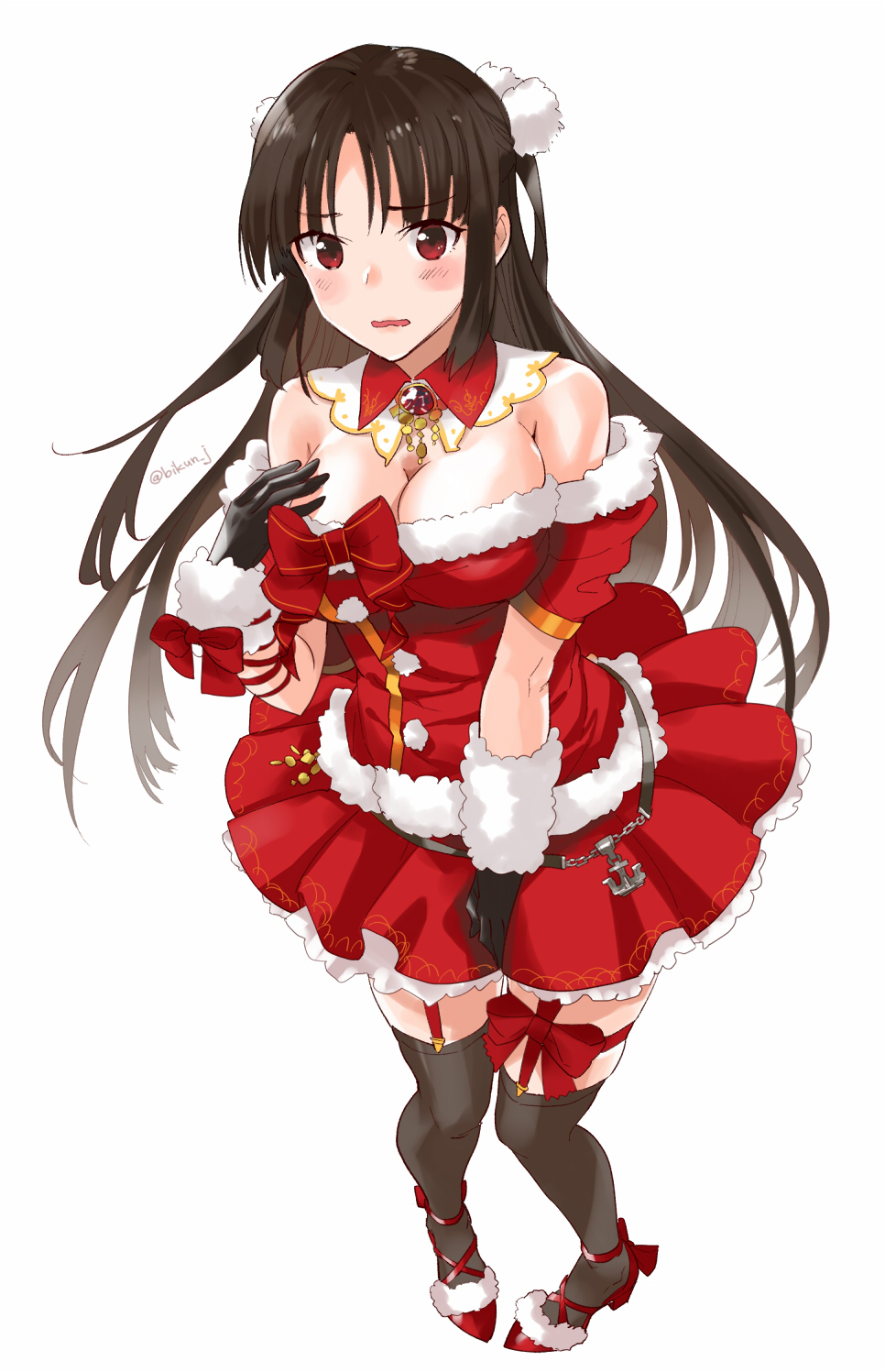1girl, anchor, black_gloves, black_hair, black_legwear, blush, detached_collar, detached_sleeves