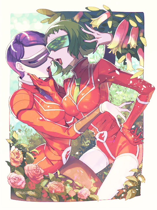 2girls, artist_name, breasts, brown_legwear, bryony_(pokemon), celosia_(pokemon), commentary_request, flower