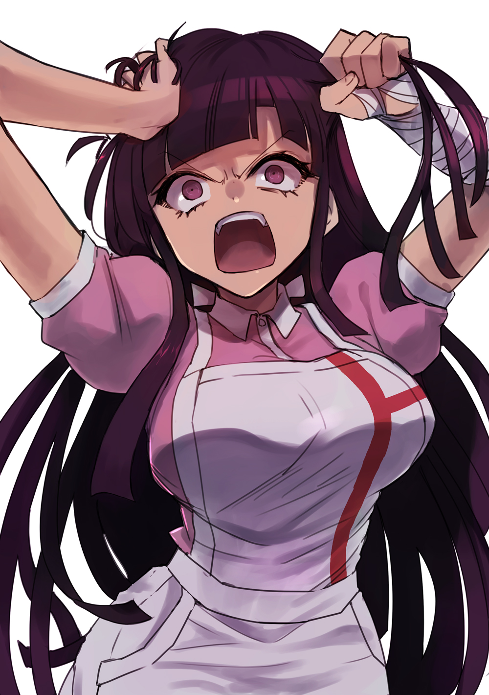 1girl, angry, apron, bandaged_arm, bandages, breasts, collared_shirt, dangan_ronpa_(series)