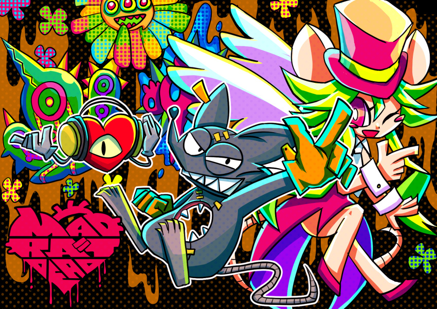 ;d, abstract_background, black_eyes, blush_stickers, character_request, commentary_request, copyright_name, evil_grin, evil_smile, green_hair, grin, hat, heart, heart_(mad_rat_dead), highres, logo, long_hair, looking_at_viewer, mad_rat_(mad_rat_dead), mad_rat_dead, mouse, nunuyama_(pixiv4090376), one_eye_closed, open_mouth, polka_dot, polka_dot_background, rat_god_(mad_rat_dead), sharp_teeth, single_eye, sleeve_cuffs, smile, tagme, teeth, top_hat, violet_eyes