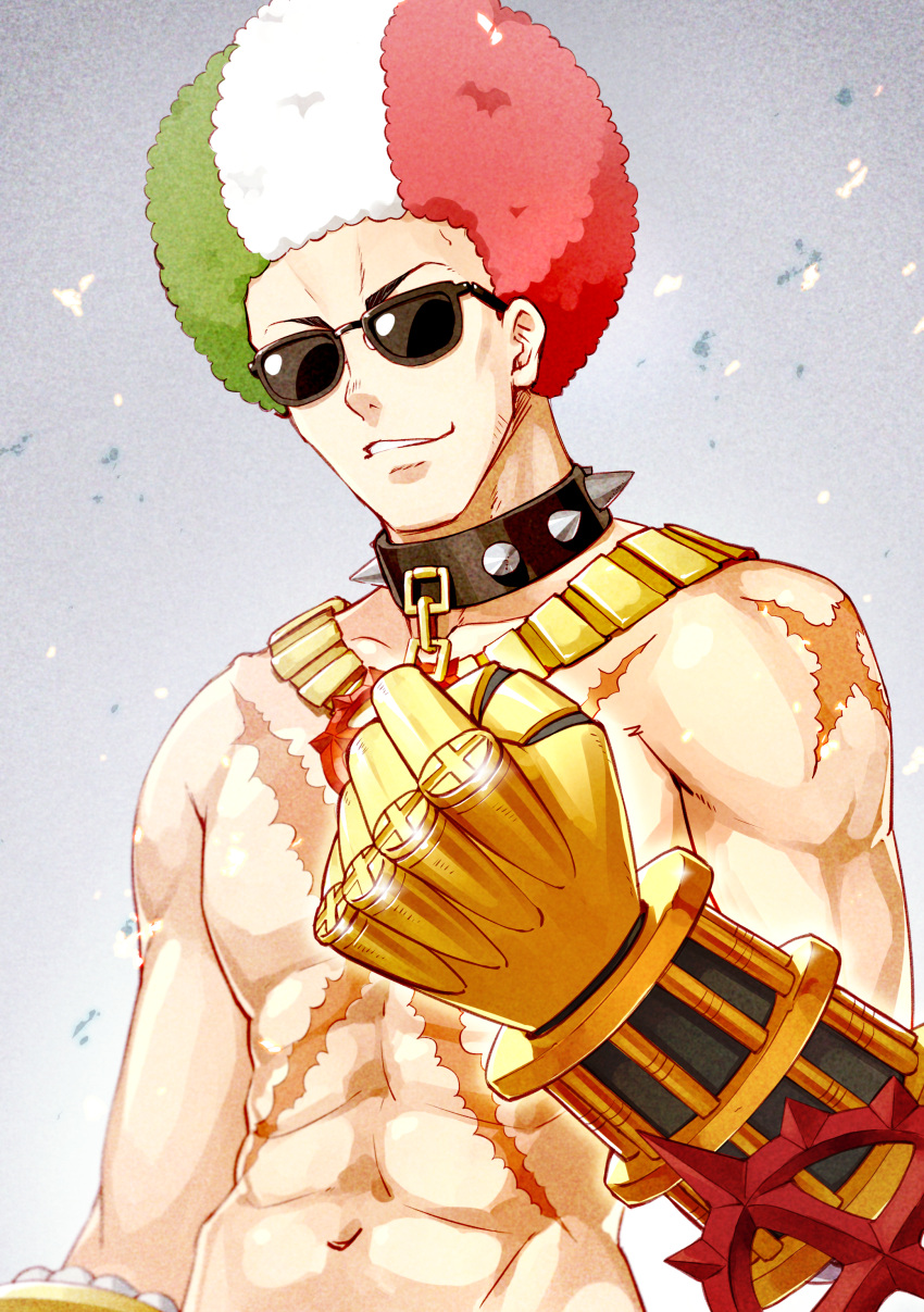 1boy, abs, absurdres, afro, animal_collar, chain, clenched_hand, collar