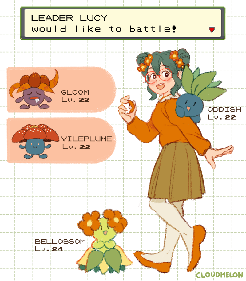 1girl, :d, artist_self-insert, bellossom, black_eyes, blush, breasts, brown_skirt
