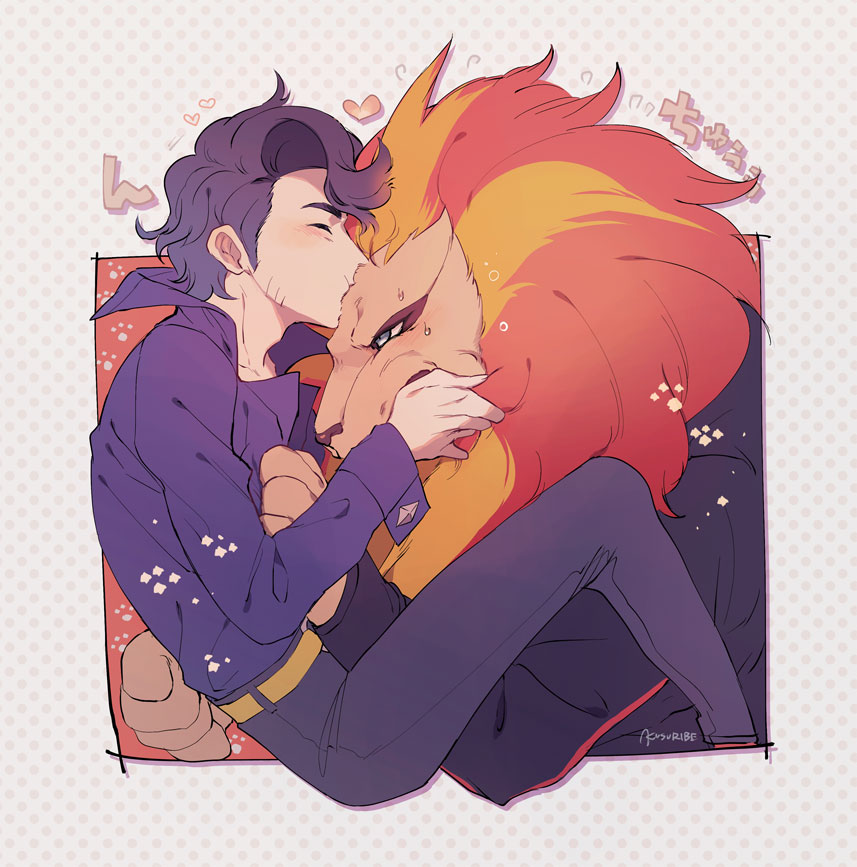 1boy, animalization, black_hair, black_pants, blush, closed_eyes, clothed_pokemon, commentary_request