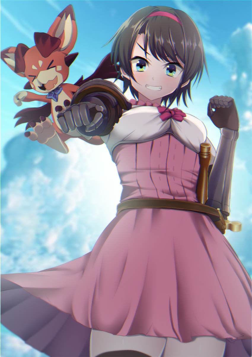 >_<, :d, ashino_moto, black_hair, bow, cosplay, djeeta_(granblue_fantasy), djeeta_(granblue_fantasy)_(cosplay)