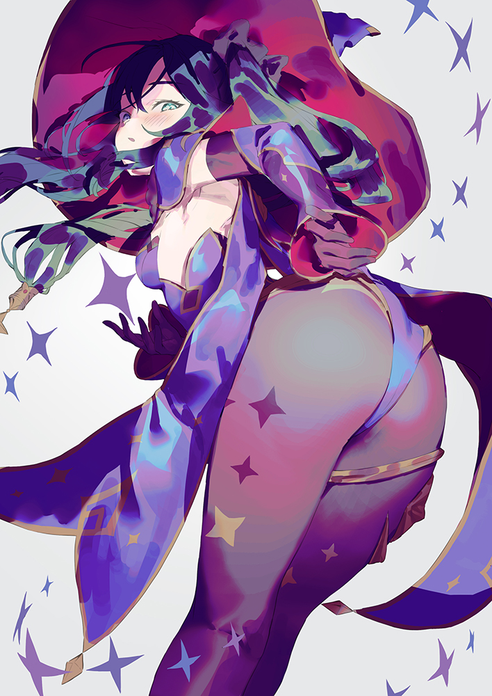 1girl, aqua_eyes, ass, bangs, black_hair, breasts, cape, diamond_(symbol)