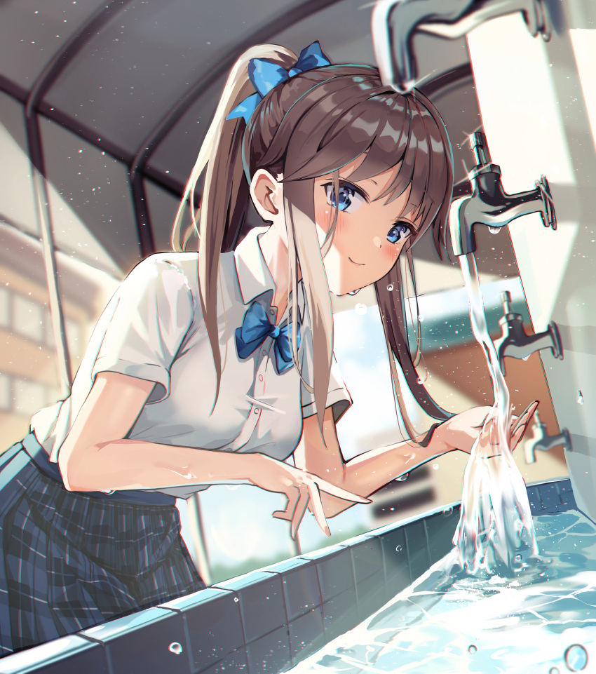 1girl, absurdres, blue_bow, blue_eyes, blue_neckwear, blue_skirt, blurry, blurry_background, blush, bow, bowtie, breasts, brown_hair, closed_mouth, collared_shirt, depth_of_field, dress_shirt, faucet, from_side, glint, hair_bow, harui_(huruyi_817), high_ponytail, highres, indoors, leaning_forward, long_hair, looking_at_viewer, looking_to_the_side, medium_breasts, original, plaid, plaid_skirt, pleated_skirt, ponytail, school_uniform, shirt, short_sleeves, skirt, smile, solo, water