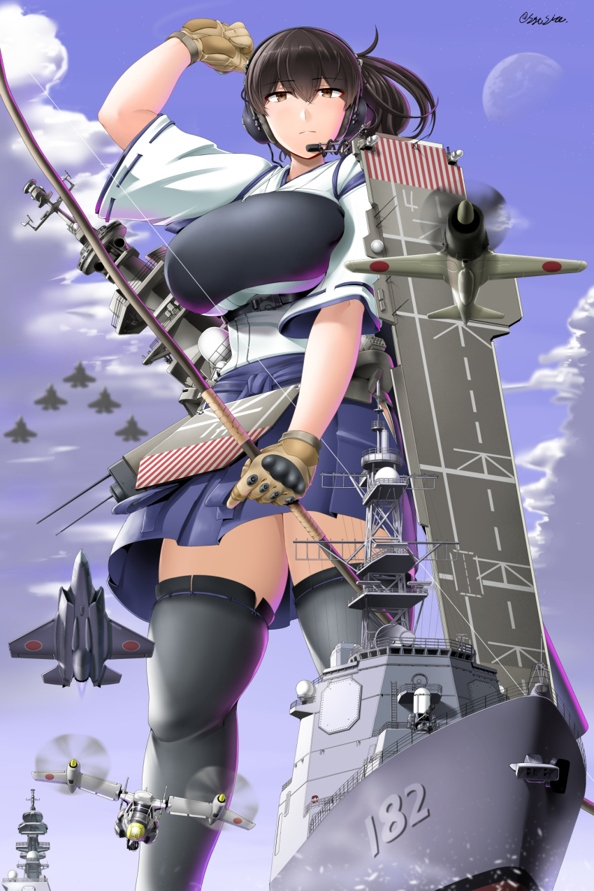 1girl, a6m_zero, blue_skirt, breasts, brown_eyes, brown_gloves, brown_hair, duplicate