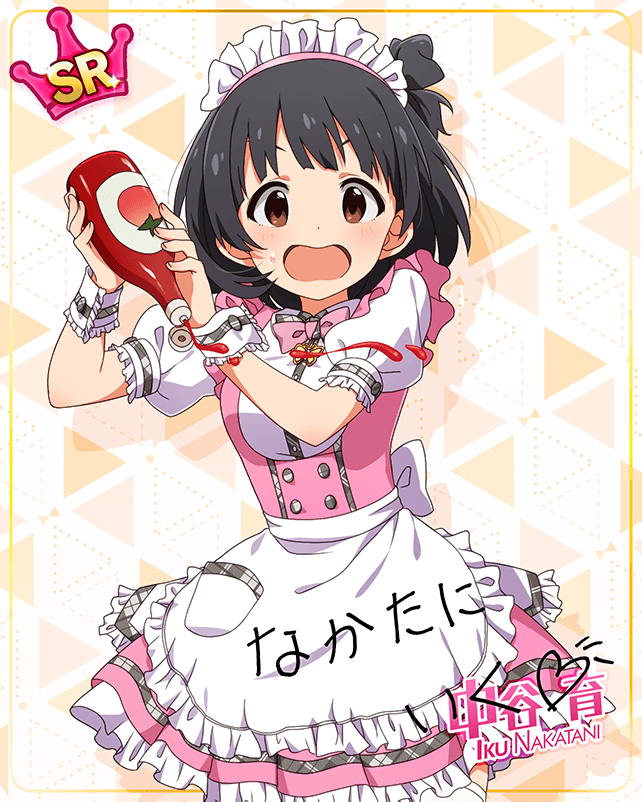 black_hair, blush, character_name, dress, idolmaster_million_live!_theater_days, nakatani_iku, red_eyes, short_hair