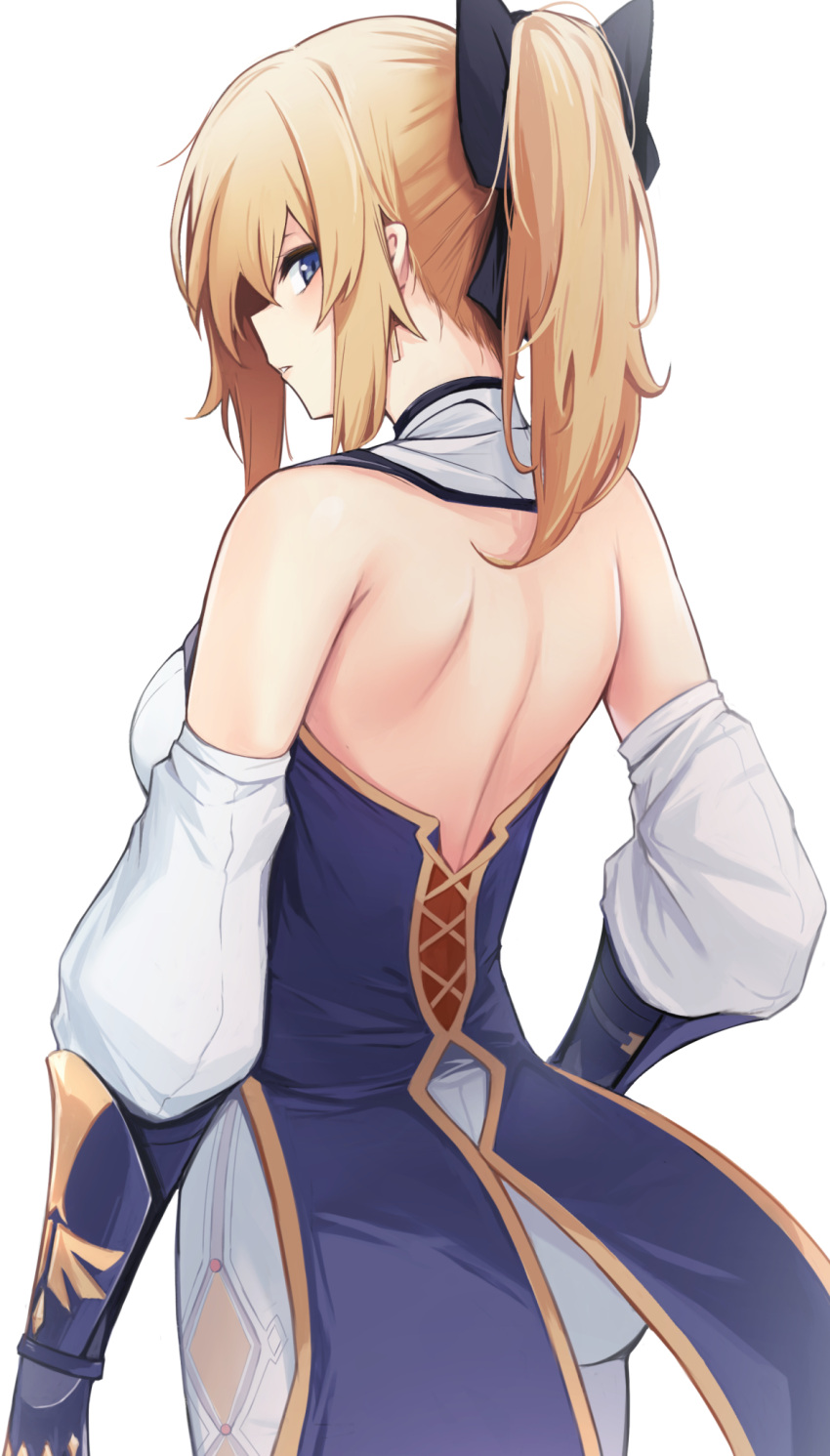1girl, bangs, bare_back, bare_shoulders, black_bow, blonde_hair, blue_eyes, borushichi