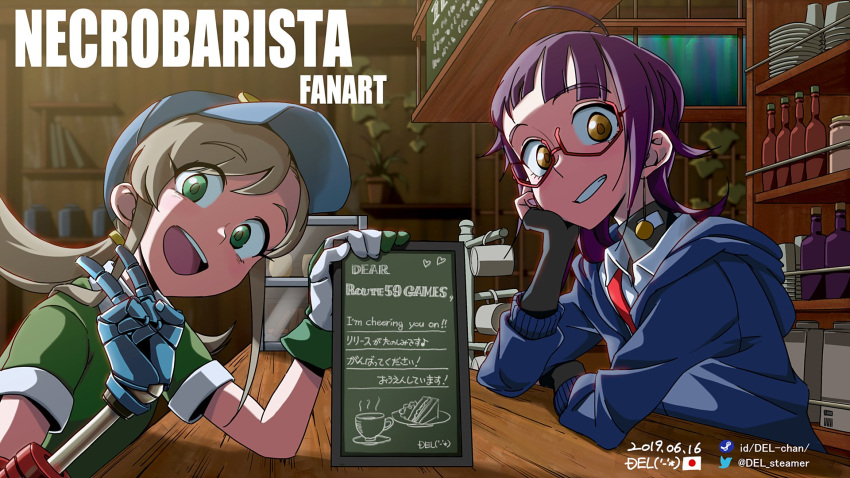 2girls, ahoge, ashley_capek, black_gloves, black_hair, blue_headwear, brown_eyes, brown_hair, dated, del, eyebrows_visible_through_hair, fingerless_gloves, glasses, gloves, green_eyes, grin, hat, highres, indoors, long_hair, long_sleeves, looking_at_viewer, low_twintails, maddy_xiao, mechanical_arm, medium_hair, multiple_girls, necrobarista, open_mouth, parted_lips, red-framed_eyewear, semi-rimless_eyewear, smile, teeth, twintails, twitter_username, under-rim_eyewear, upper_teeth, v