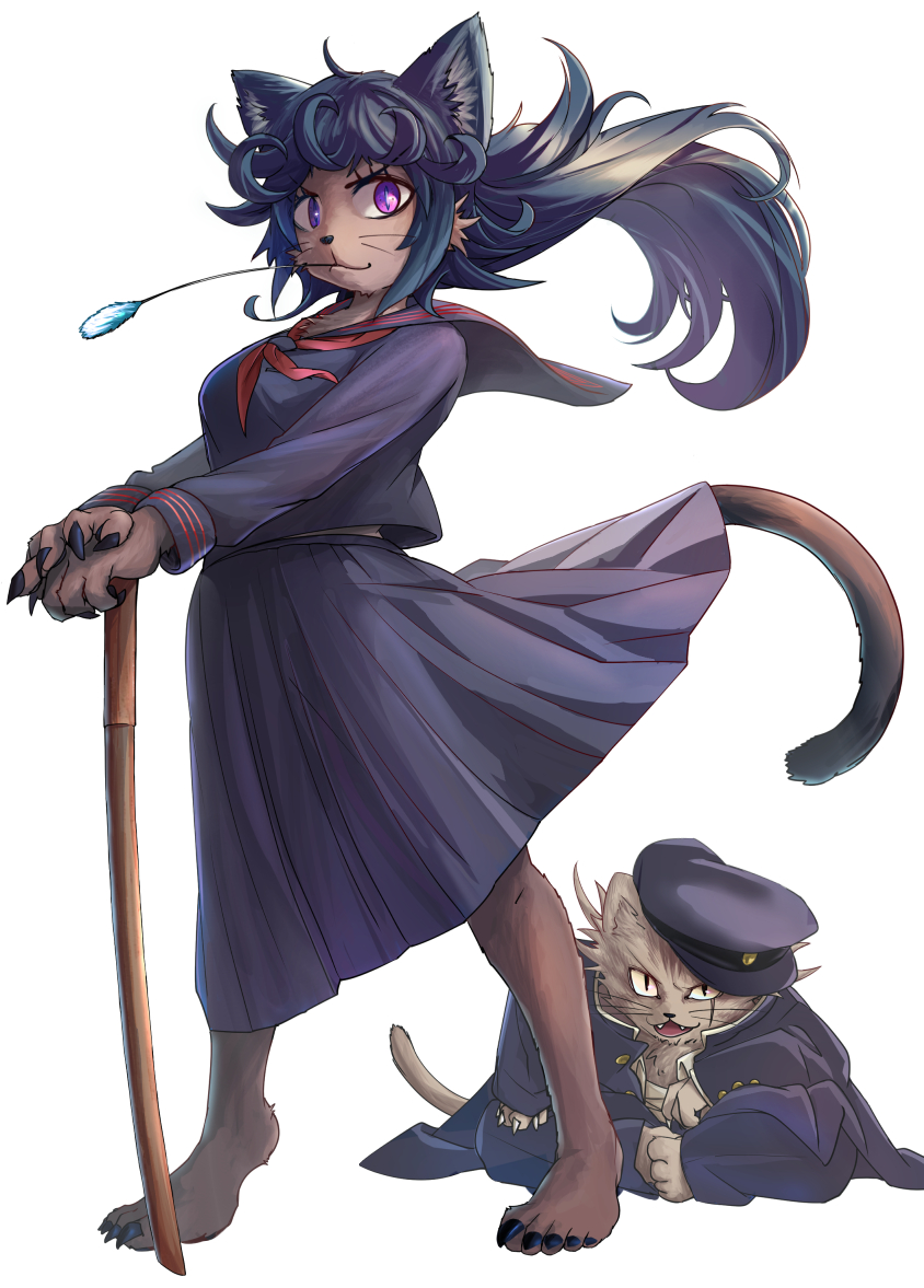 1boy, 1girl, :3, animal_ears, barefoot, black_hair, brown_fur, cat_ears