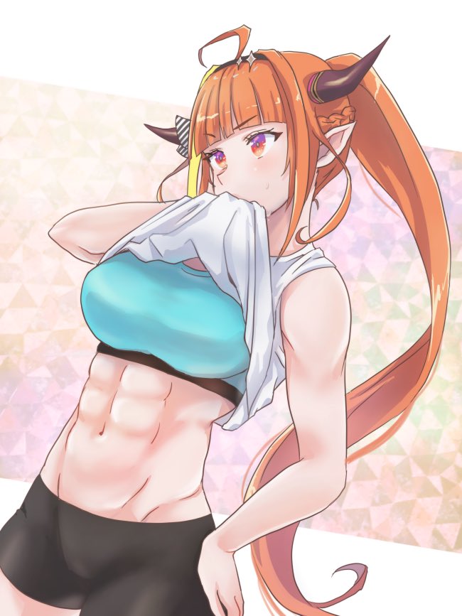 1girl, abs, ahoge, alternate_costume, alternate_hairstyle, bangs, bike_shorts, black_bow, black_hairband, black_shorts, blonde_hair, blue_sports_bra, blunt_bangs, blush, bow, bowtie, braid, breasts, bright_pupils, commentary_request, cowboy_shot, crop_top, dragon_girl, dragon_horns, eyebrows_visible_through_hair, french_braid, gradient_eyes, hair_ornament, hairband, hand_on_hip, highlights, hololive, horn_bow, horns, kiryuu_coco, kyou_fumei, large_breasts, lifted_by_self, long_hair, looking_away, midriff, multicolored, multicolored_bow, multicolored_eyes, multicolored_hair, navel, orange_hair, pointy_ears, ponytail, red_eyes, shirt, shirt_lift, short_shorts, shorts, smile, solo, sports_bra, standing, stomach, streaked_hair, striped, sweat, sweatdrop, tied_hair, toned, upper_body, very_long_hair, violet_eyes, virtual_youtuber, white_bow, white_shirt, wiping_sweat