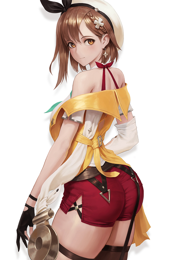1girl, ass, asymmetrical_legwear, atelier_(series), atelier_ryza, atelier_ryza_2, back, bare_shoulders