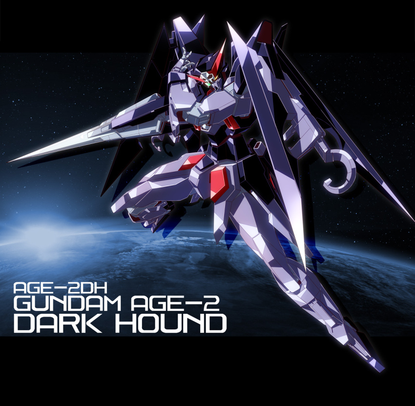 character_name, floating, gundam, gundam_age, gundam_age-2_darkhound, highres, holding, holding_lance
